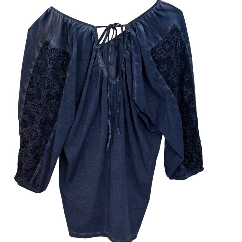 INC International Concepts Blue Cotton Crochet Lace Sleeve Tie Back Blouse S - Picture 3 of 5